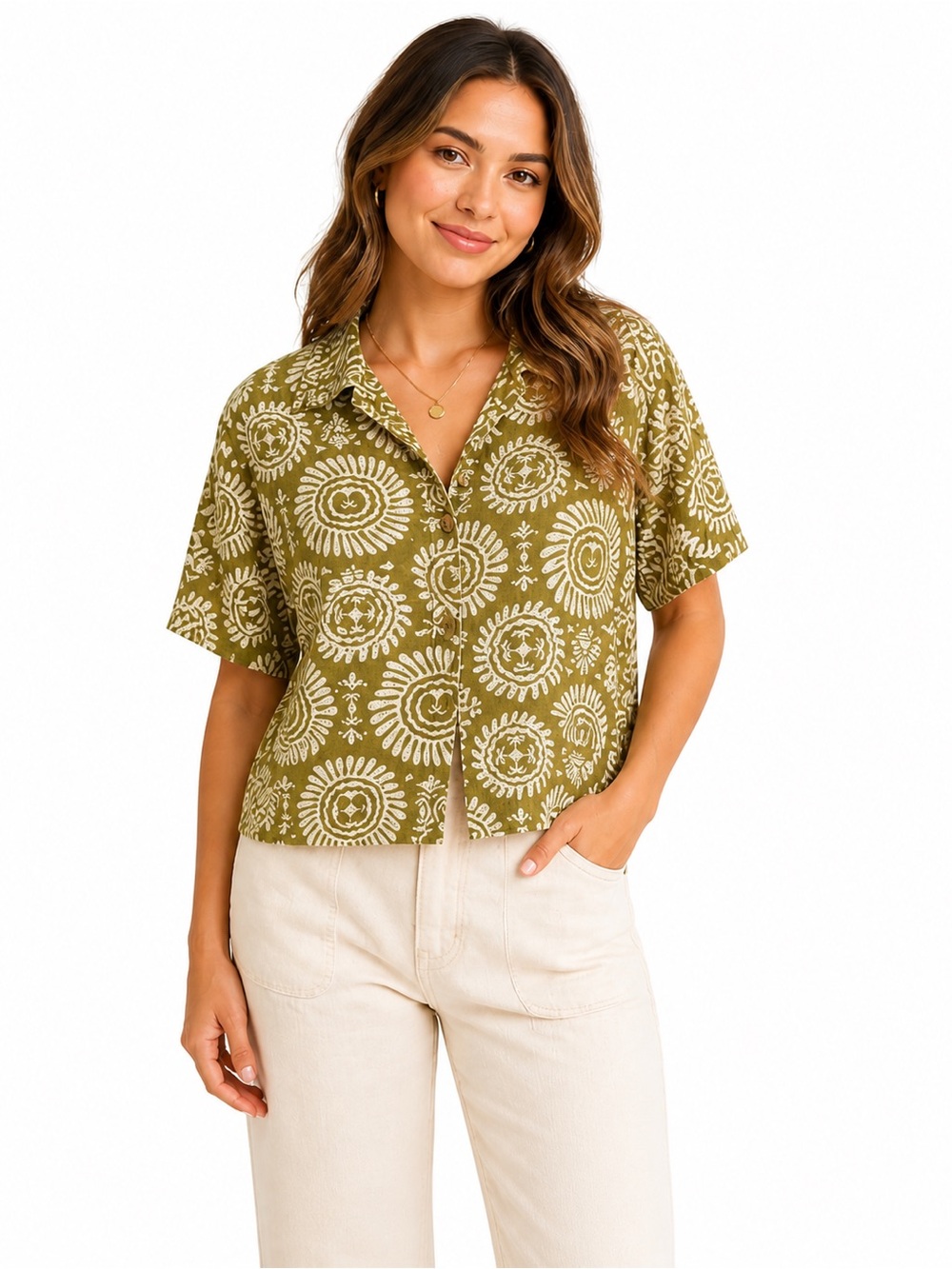 Sisstr Evolution‎ Olive Floral Button Front Top M Cotton Linen Boho Cottagecore